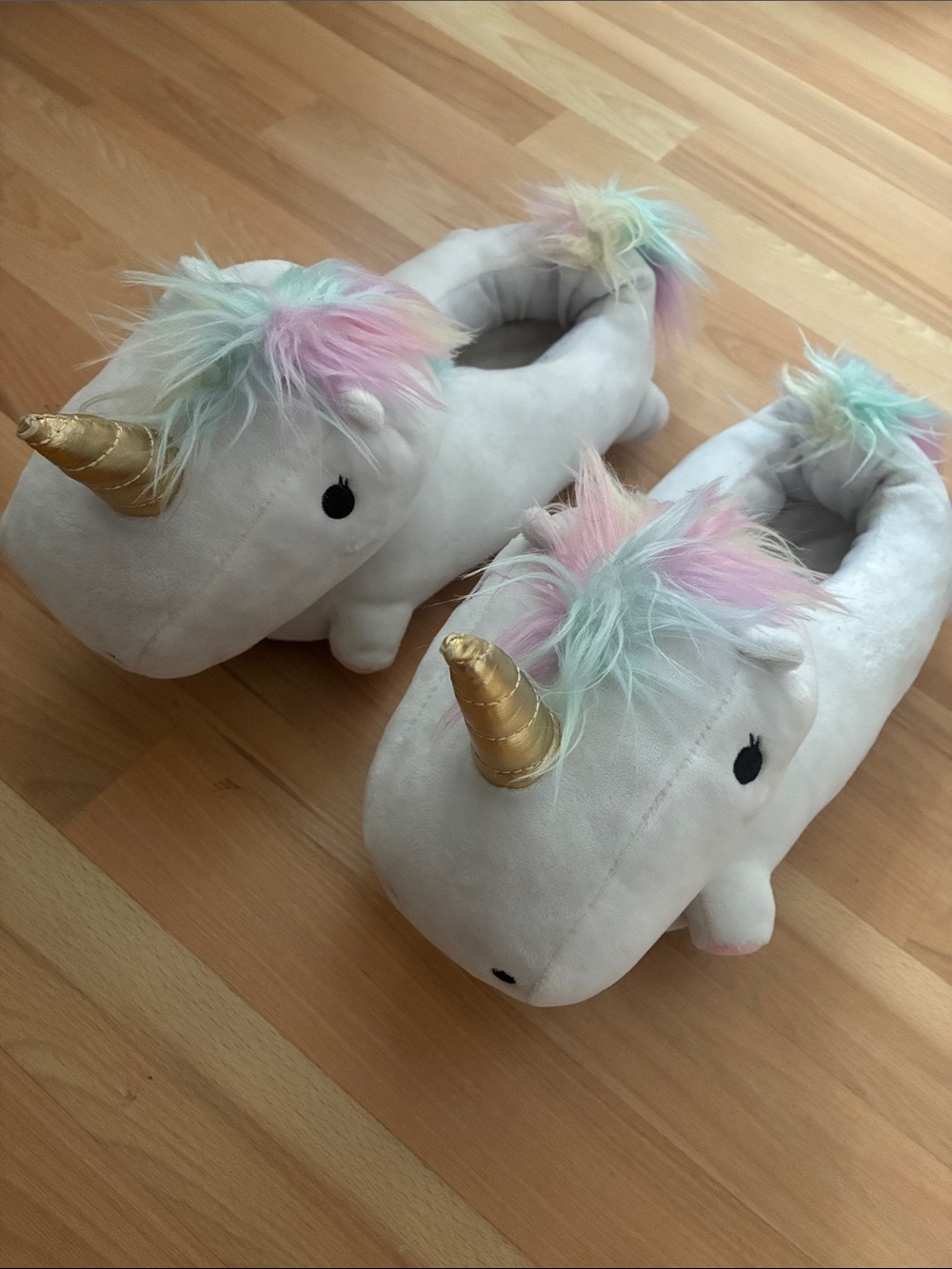 Plush Unicorn Slippers - White with Pastel Mane